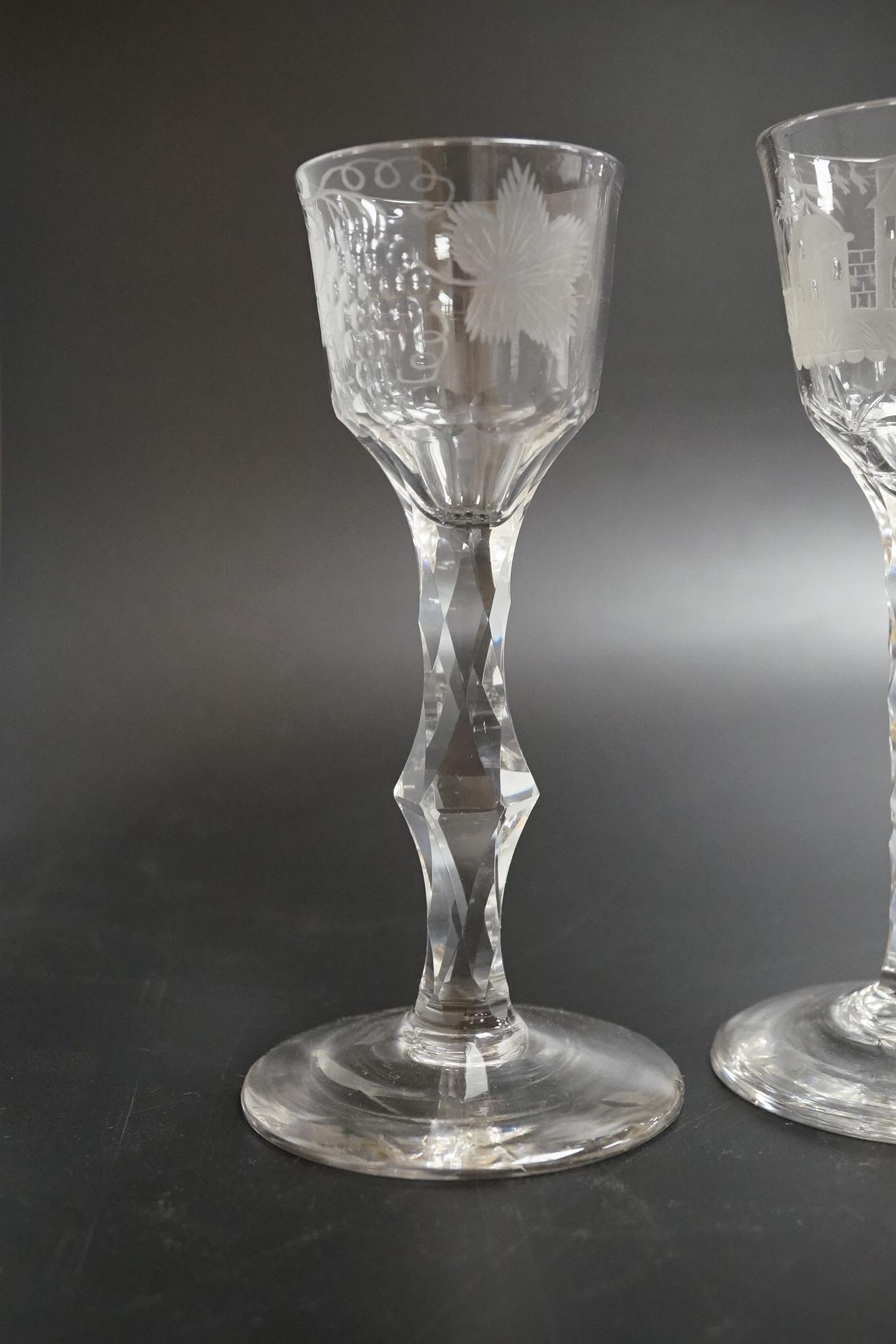 Two faceted wine glasses, c.1780, both with engraved bowls, tallest 15.5cm